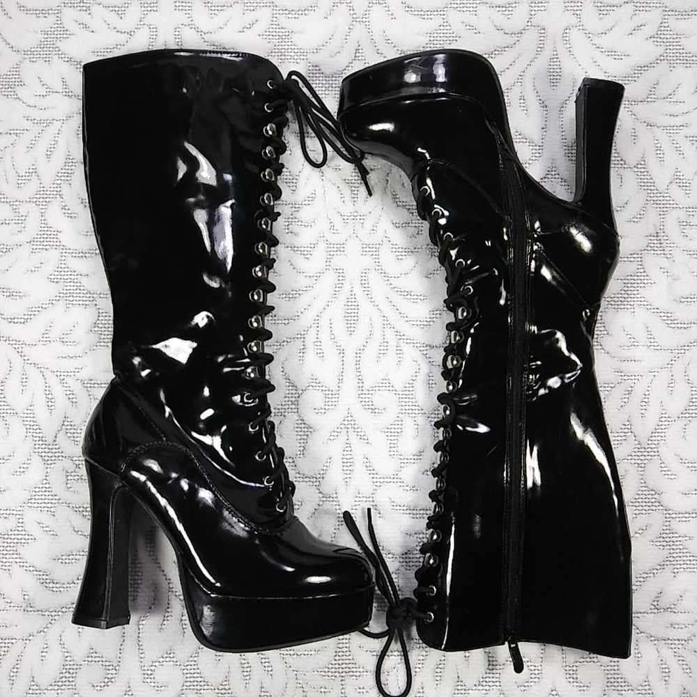 Ellie Knee High Lace Up Patent Boots